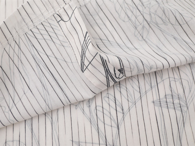 Striped Long Sleeve Shirt Men — Botanical Line Art Print, Relaxed Fit
