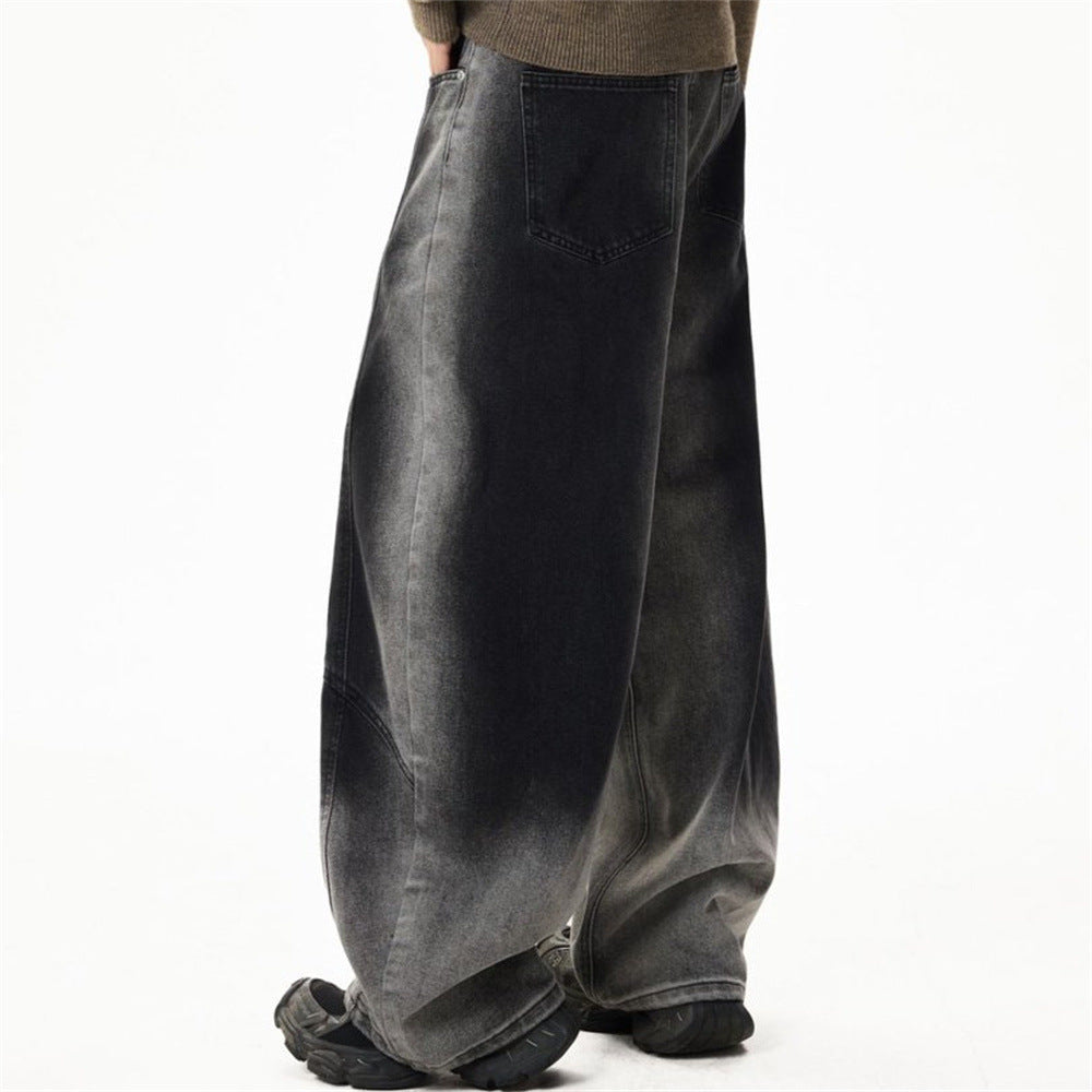 Wide-Leg Gradient Washed Jeans – Deconstructed Curved Seam Baggy Denim
