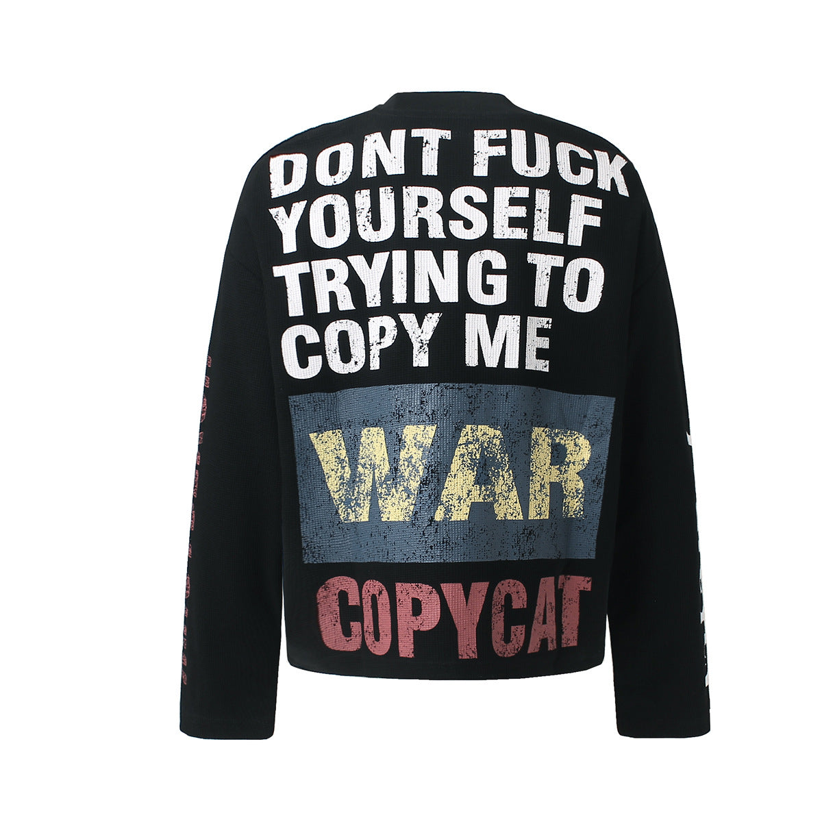 Schwarzes Longsleeve mit Graphic – Streetwear-Waffelshirt mit markantem Print