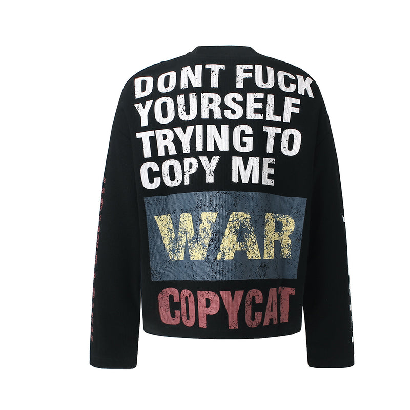Schwarzes Longsleeve mit Graphic – Streetwear-Waffelshirt mit markantem Print