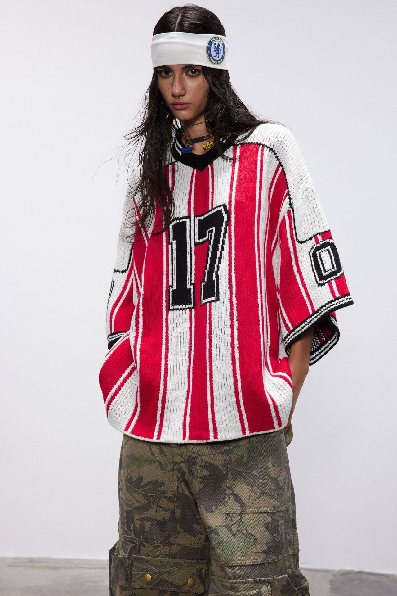 Red and White Striped V-Neck Sweater – Number 17 Oversized Knit Sports Jersey