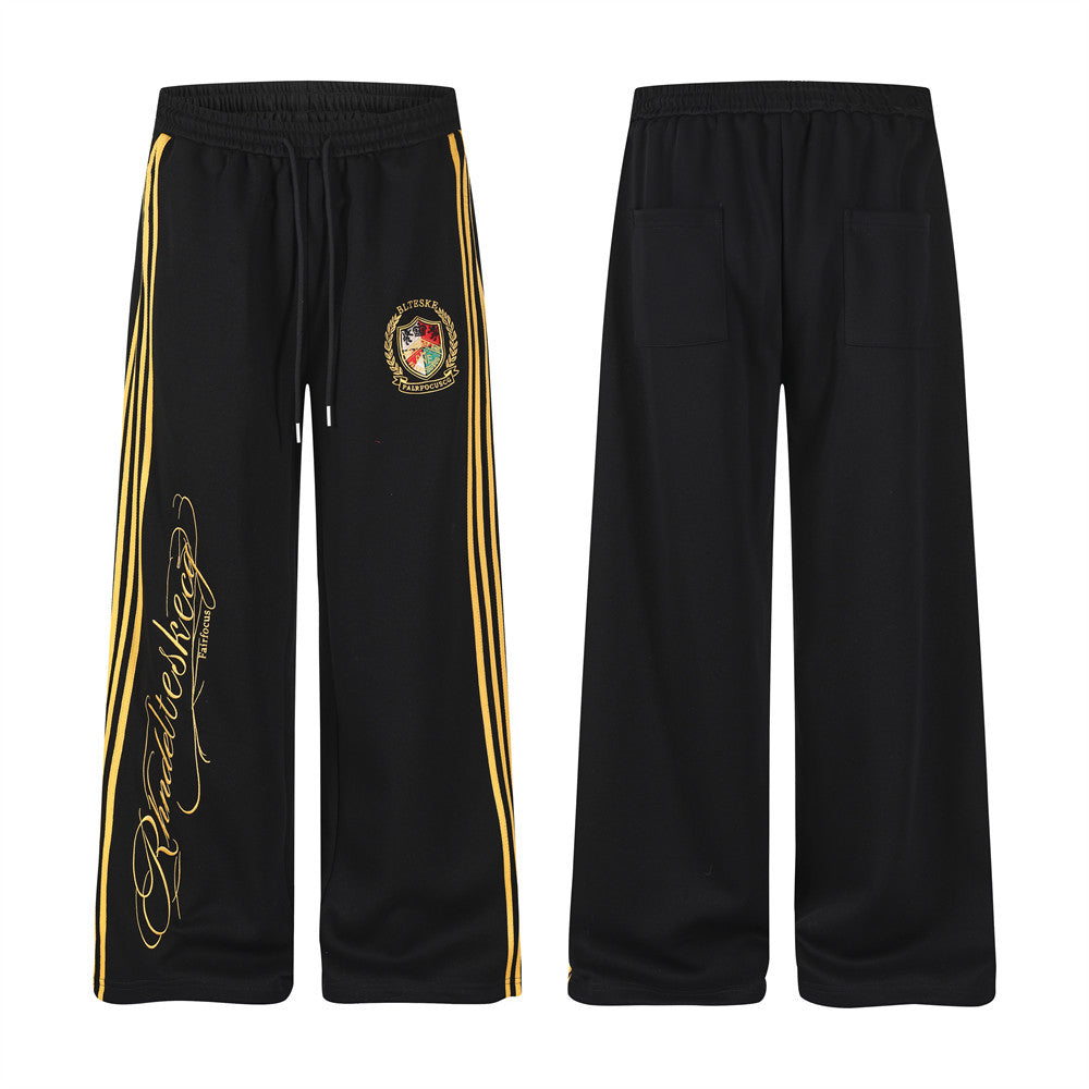 Wide-Leg Track Pants with Gold Side Stripes & Crest Embroidery