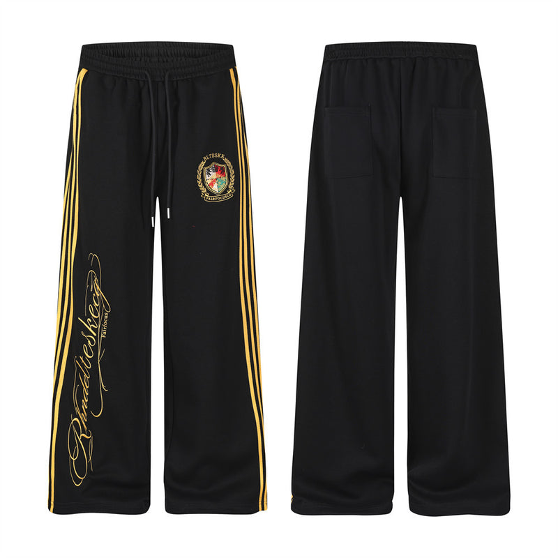 Wide-Leg Track Pants with Gold Side Stripes & Crest Embroidery