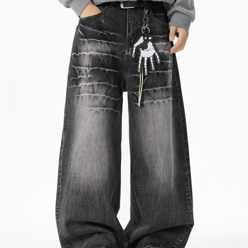 Baggy Dark Wash Jeans – Men's Wide Leg Vintage Punk Distressed Faded Denim