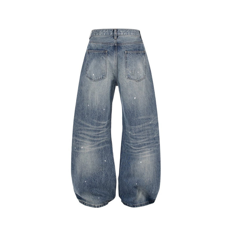Wide-Leg Baggy Jeans – Vintage Wash, Paint Splatter & Distressed Hem