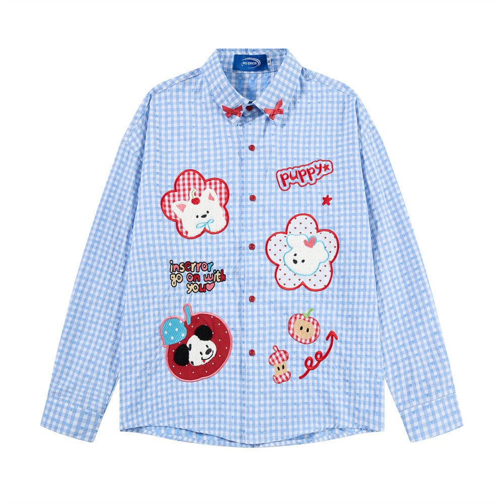 Langarmhemd mit Vichykaromuster und gesticktem Cartoon-Welpen – Relaxed Fit