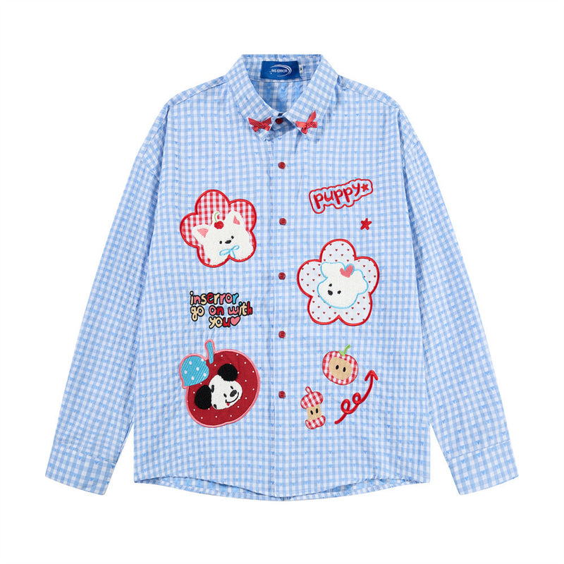 Langarmhemd mit Vichykaromuster und gesticktem Cartoon-Welpen – Relaxed Fit
