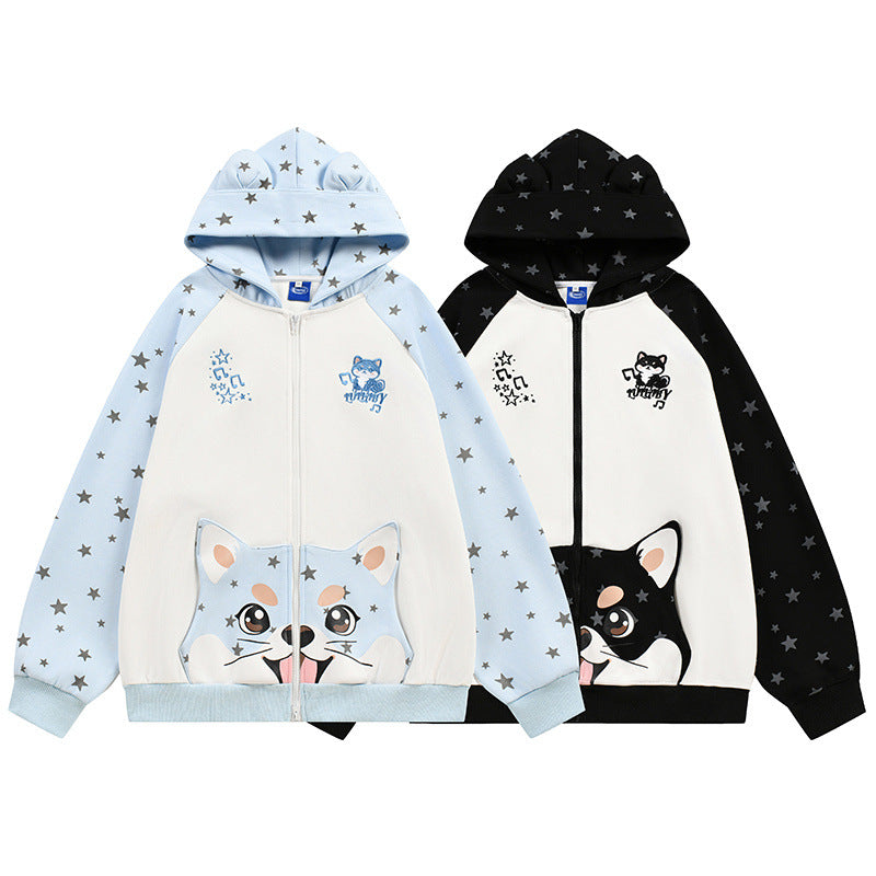 Hoodie with Cool Designs – Star Print Cartoon Cat Zip-Up Hoodie with Ear Hood