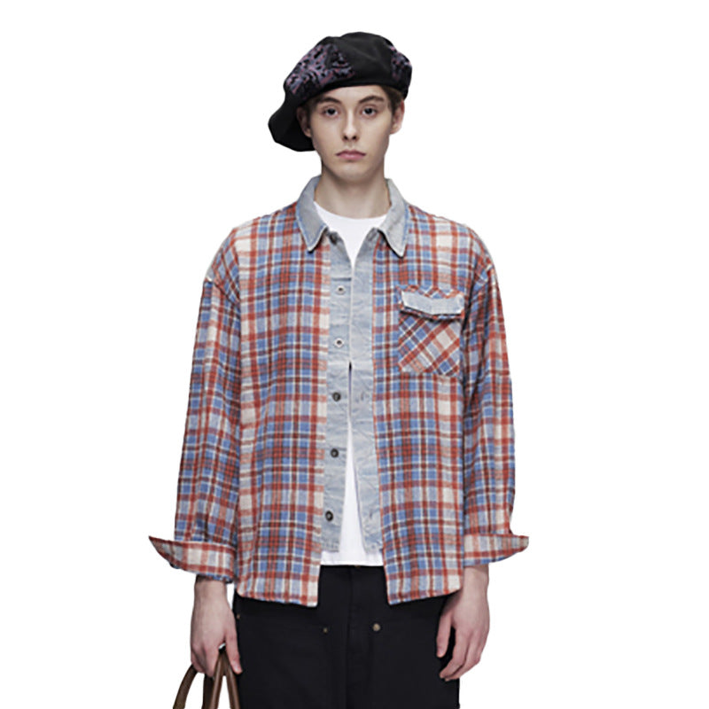 Men's Red Plaid Shirt Oversized Denim-Splice Faux Two-Piece Button-Down
