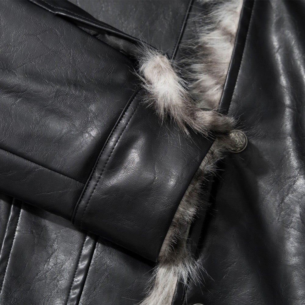 Chaqueta de piel sintética PU negra para hombre con cuello y borde de pelo sintético