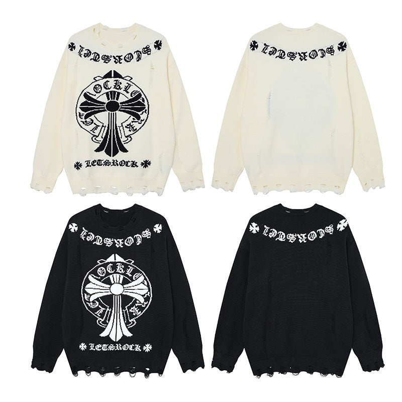 Pull en maille jacquard avec croix gothique et finitions usées – Esthétique sombre oversize