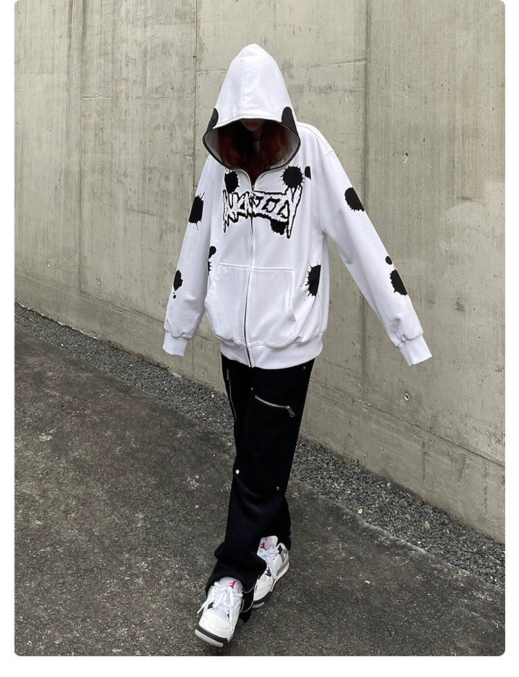 Monochrome Ink Splatter Hoodie - 400GSM Oversized White and Black Zip-Up Streetwear Sweatshirt