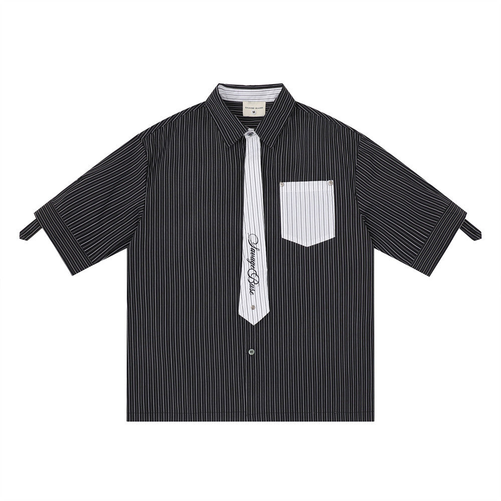 Men's oversized pinstripe short sleeve button-up shirt with attached contrast necktie and chest patch pocket