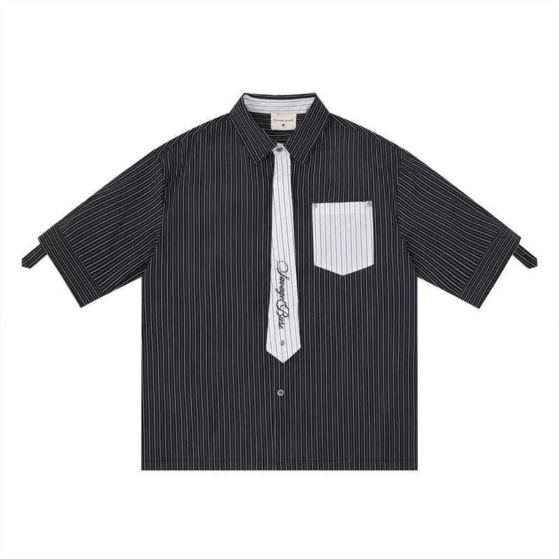 Men's oversized pinstripe short sleeve button-up shirt with attached contrast necktie and chest patch pocket