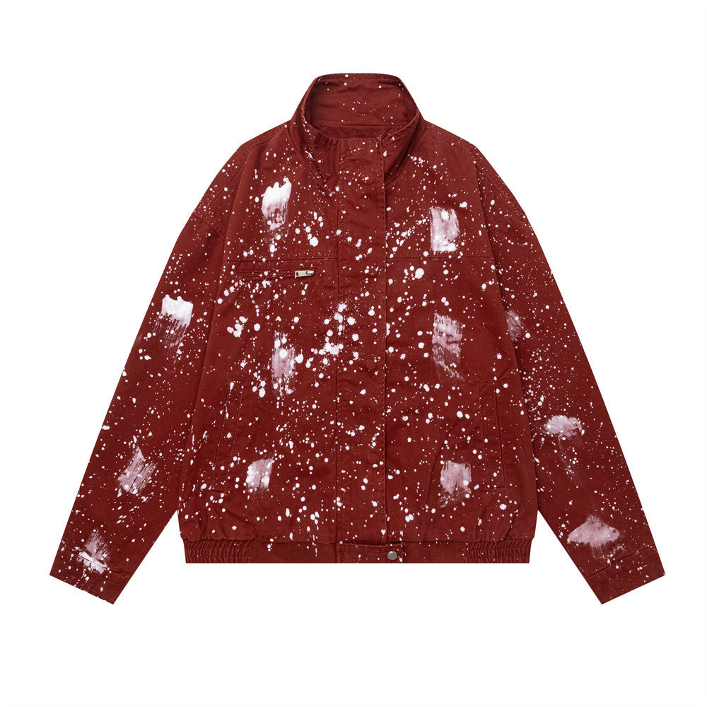 Oversized red paint splatter stand-collar jacket with white bleach brushstroke print, front view