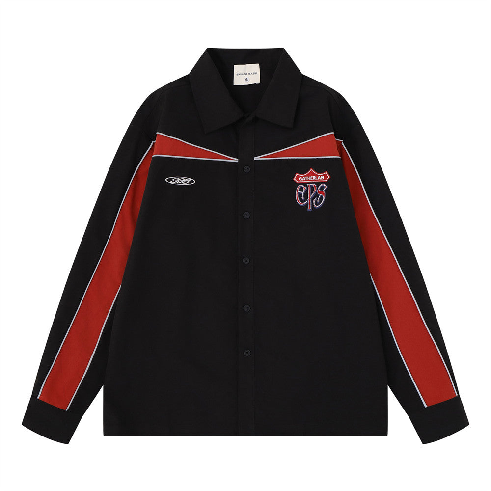 Men's black and red colorblock racing long sleeve button-up shirt with embroidered Gatherlab EPS badge and contrast piping