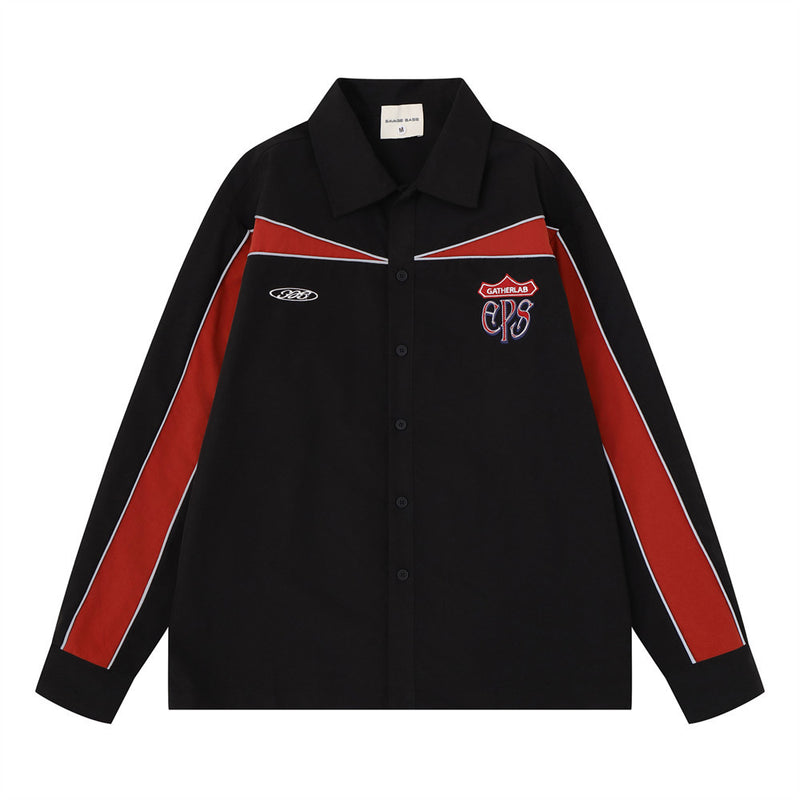 Men's black and red colorblock racing long sleeve button-up shirt with embroidered Gatherlab EPS badge and contrast piping