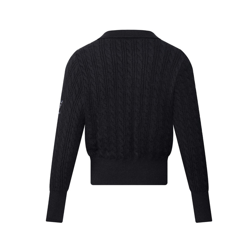 Cable Knit Polo Collar V-Neck Cropped Sweater