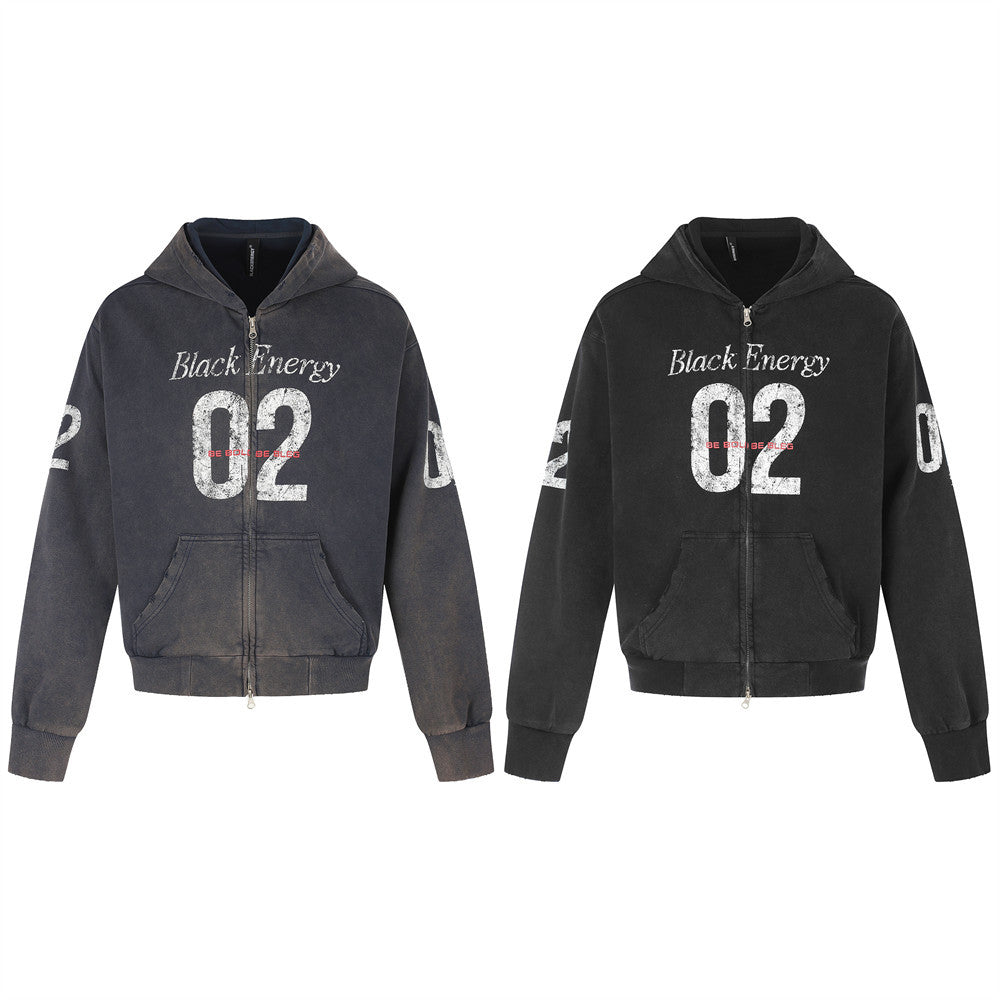 Black distressed zip-up hoodie with 'Black Energy 02' graphic, front and back views