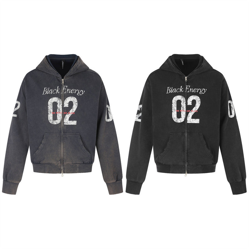 Black distressed zip-up hoodie with 'Black Energy 02' graphic, front and back views