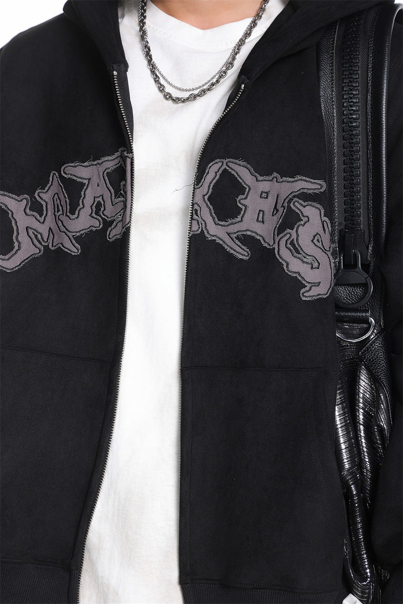 Baggy Zip Up Hoodie with Letter Appliqué — Oversized Streetwear Zip Hoodie
