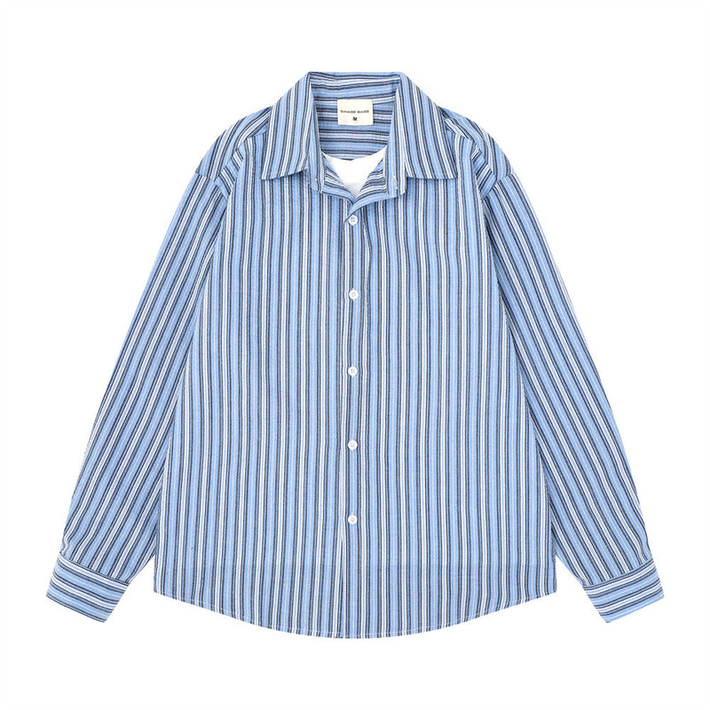 Blue striped long sleeve shirt front view with camp collar