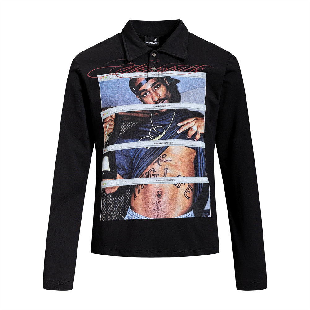 Men's black long-sleeve polo shirt with oversized hip-hop photographic graphic print and cursive Skatepark script on chest