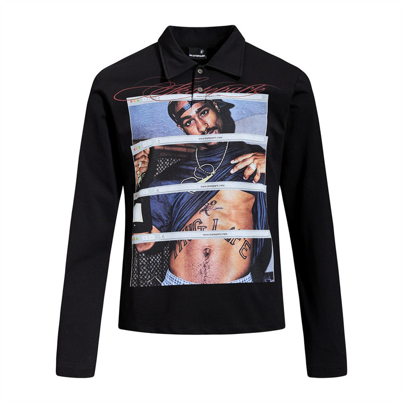 Men's black long-sleeve polo shirt with oversized hip-hop photographic graphic print and cursive Skatepark script on chest