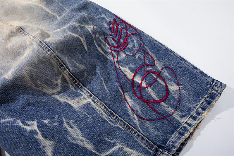 Tie-Dye Washed Denim Shorts – Wide-Leg Embroidered Vintage Punk Style