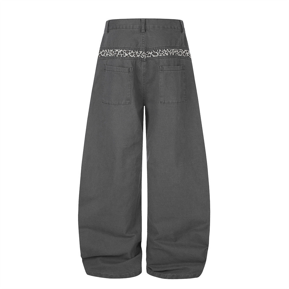 Wide-Leg Baggy Pants with Curved Hem, Leopard Trim & Carabiner Detail