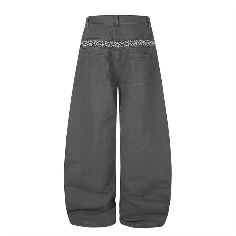 Wide-Leg Baggy Pants with Curved Hem, Leopard Trim & Carabiner Detail