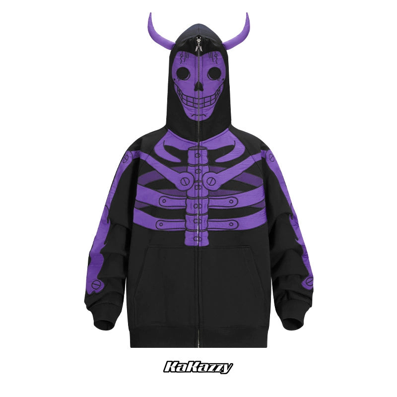 Dark Skull Demon Hoodie - 400GSM Oversized Anime-Inspired Zip-Up Sweatshirt