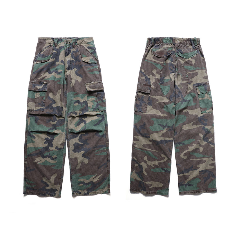 Woodland Camo Wide-Leg Cargo Pants – Washed Vintage Military Style