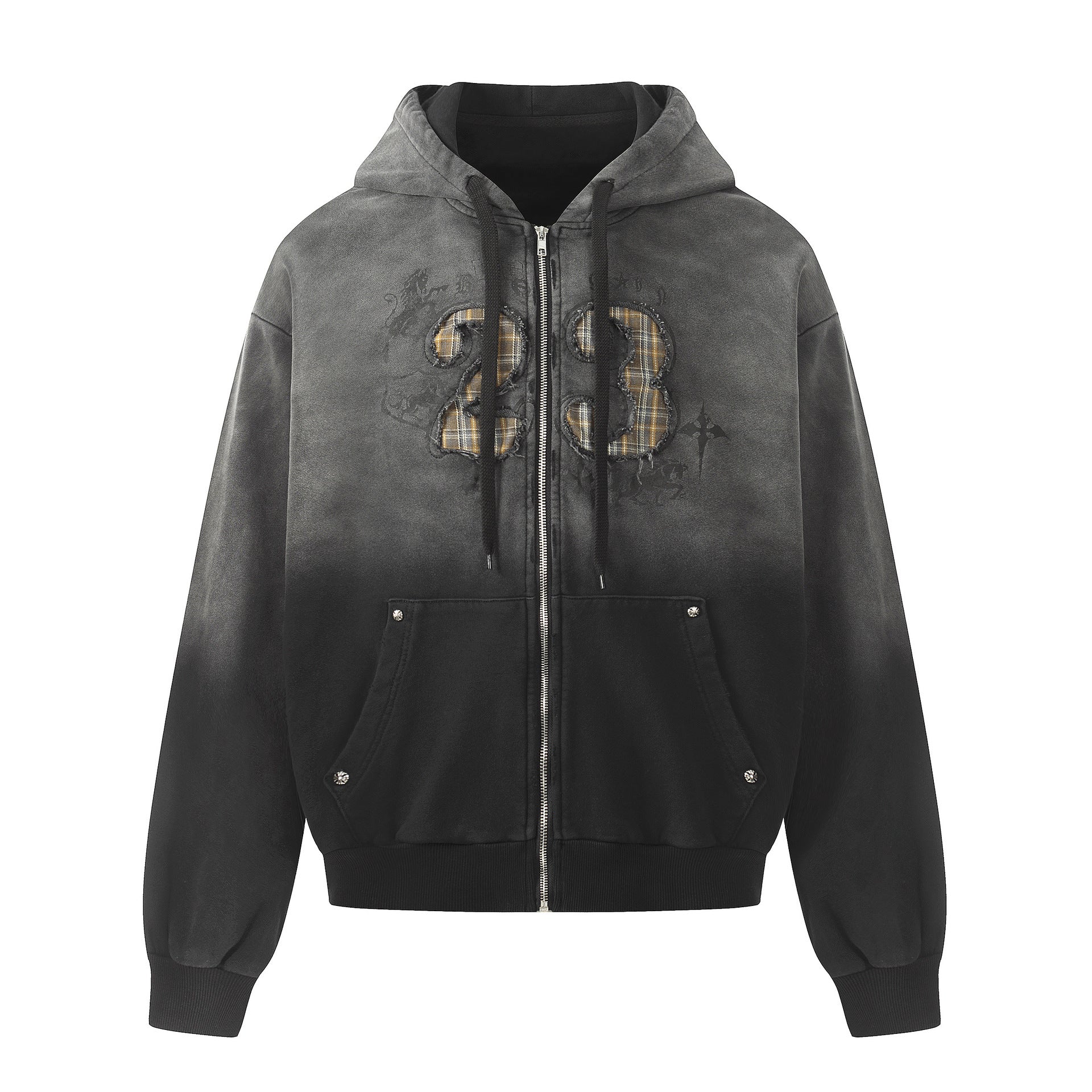 Zip-Hoodie Number 23 mit Karomuster-Applikqué und Stickerei – Gewaschener Streetwear-Look