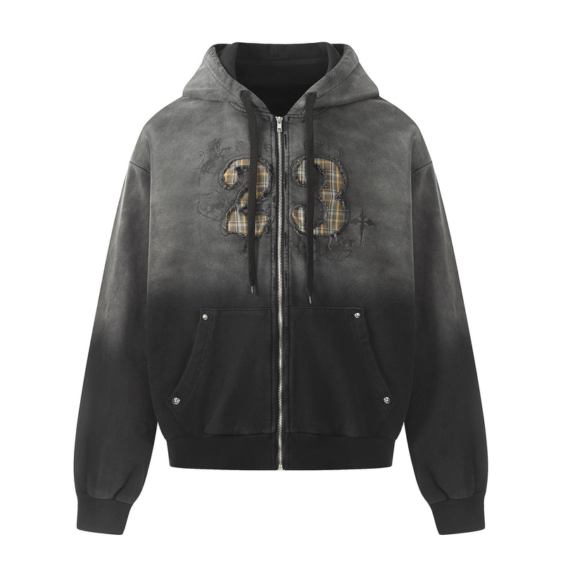 Zip-Hoodie Number 23 mit Karomuster-Applikqué und Stickerei – Gewaschener Streetwear-Look