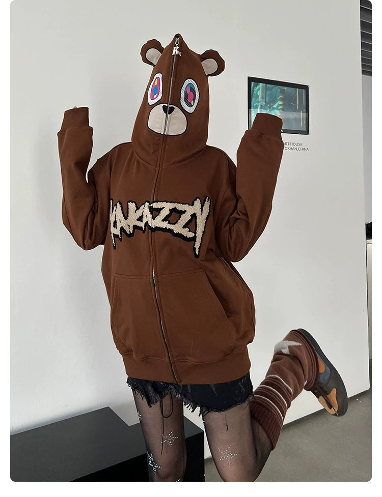 Cute Bear Hoodie - 400GSM Oversized Brown Zip-Up Streetwear Sweatshirt with Ears