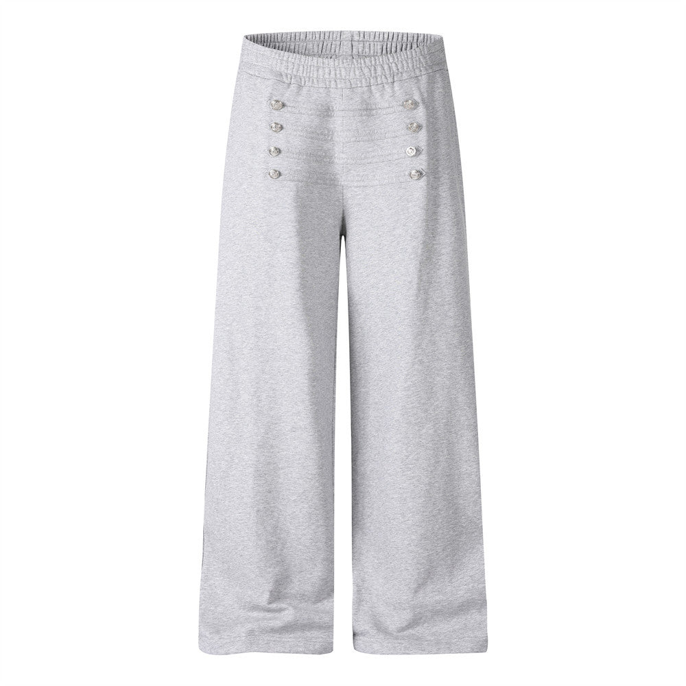 Wide-Leg Sweatpants with Double-Breasted Metal Buttons & Elastic Waist