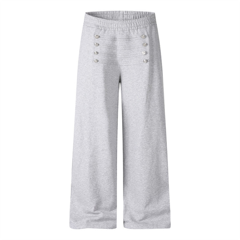 Wide-Leg Sweatpants with Double-Breasted Metal Buttons & Elastic Waist