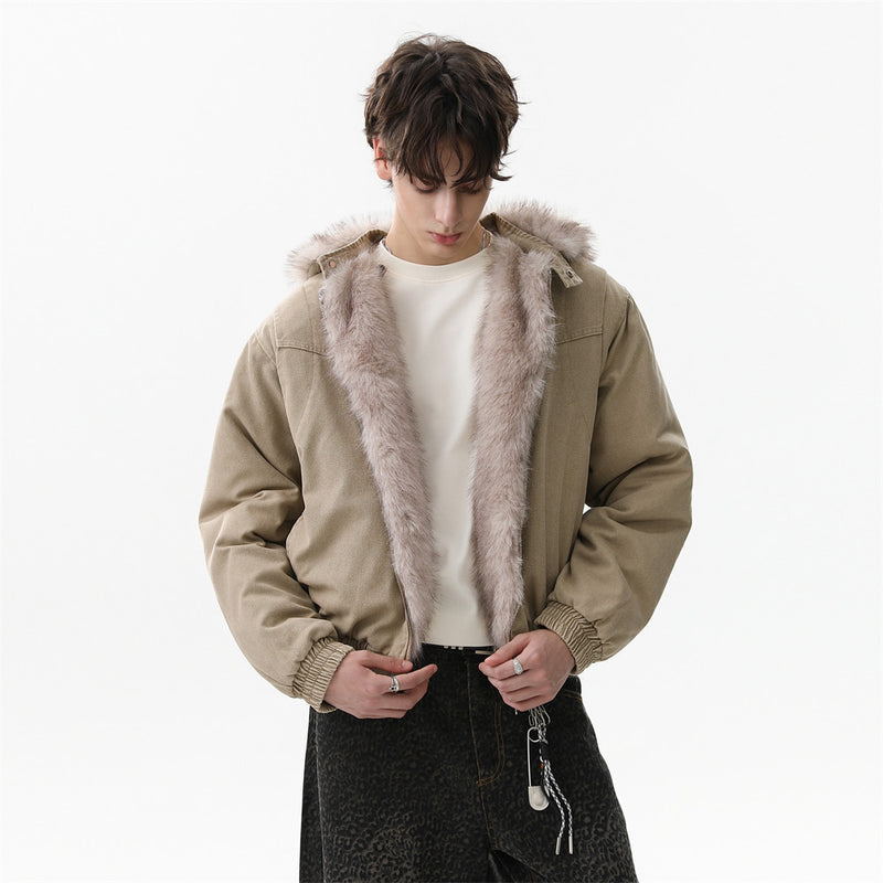 Faux Mink Fur-Trimmed Hooded Padded Jacket – Washed Canvas Bomber