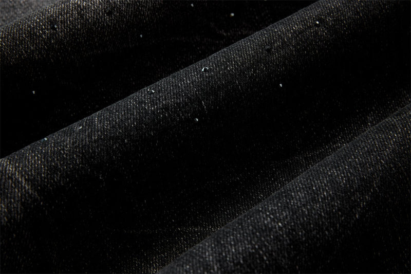 Men's Relaxed Fit Jeans – Washed Black Straight-Leg Rhinestone Star Denim