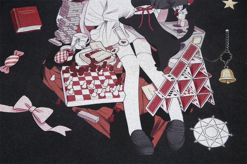 Anime-Grafik Oversized Rundhals-T-Shirt – Monskiski Chess-Girl-Print
