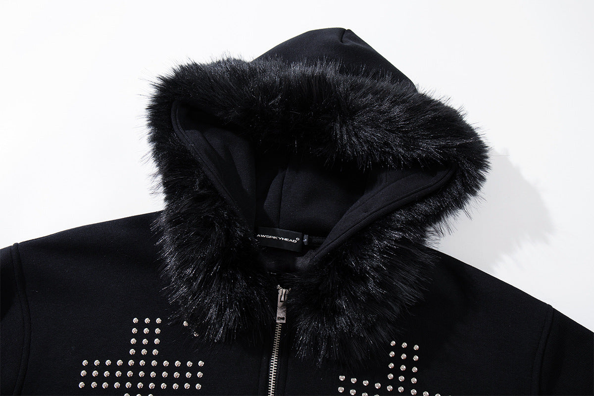 Black Zip-Up Hoodie with Faux Fur Hood & Silver Cross Studs