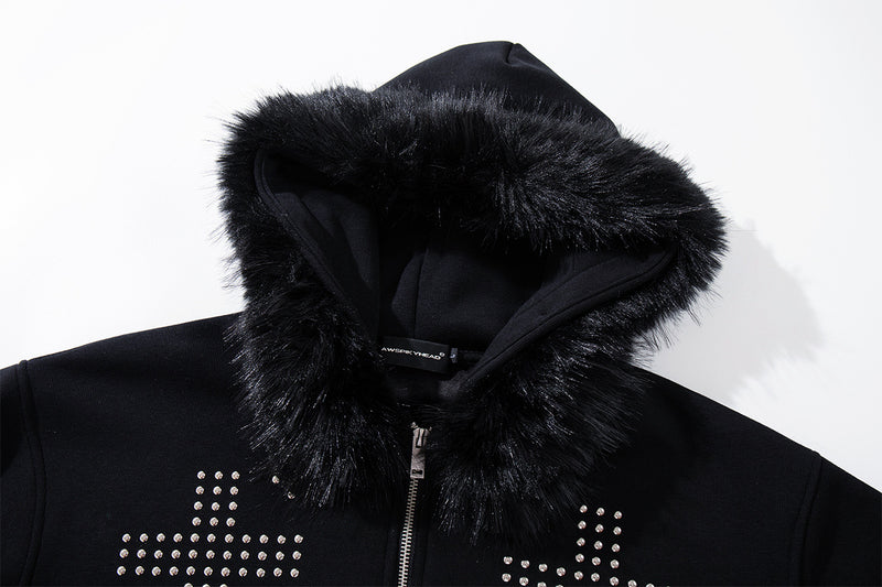 Black Zip-Up Hoodie with Faux Fur Hood & Silver Cross Studs