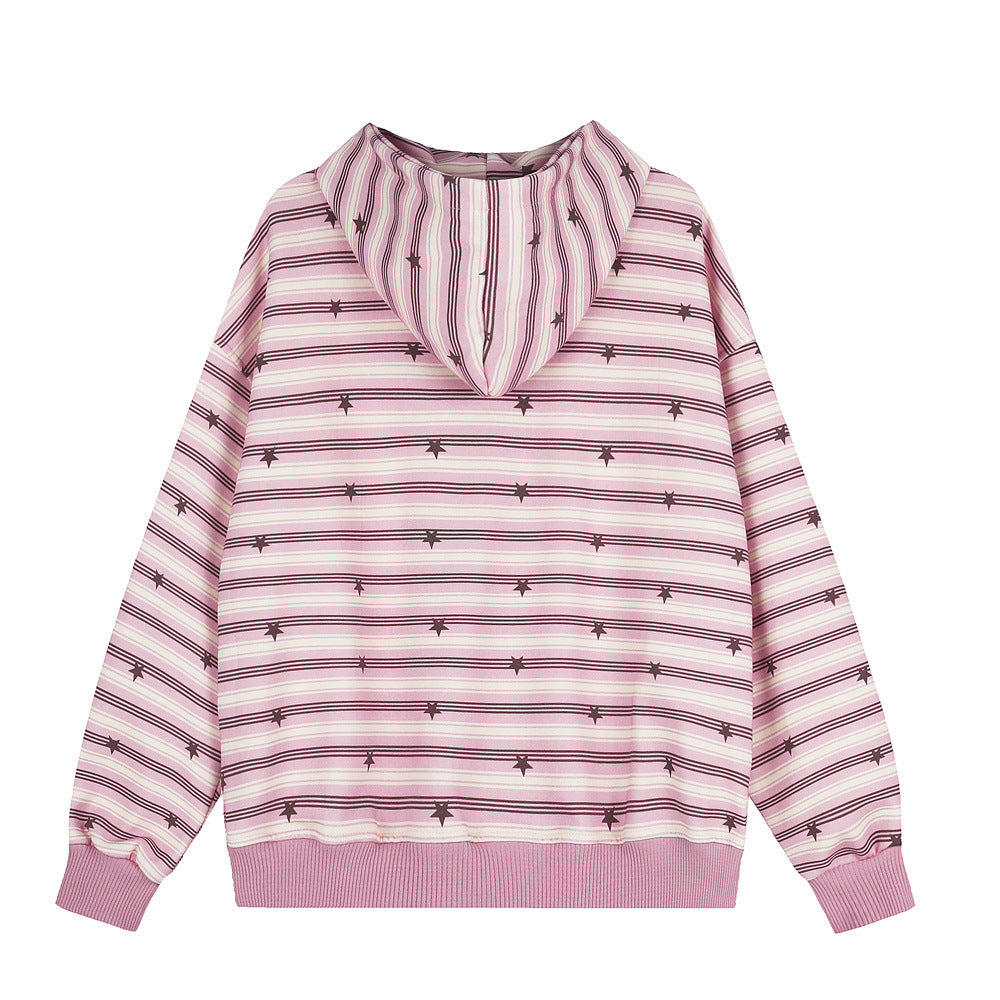 Hoodie zippé rayé imprimé étoiles – Sweat veste streetwear oversize
