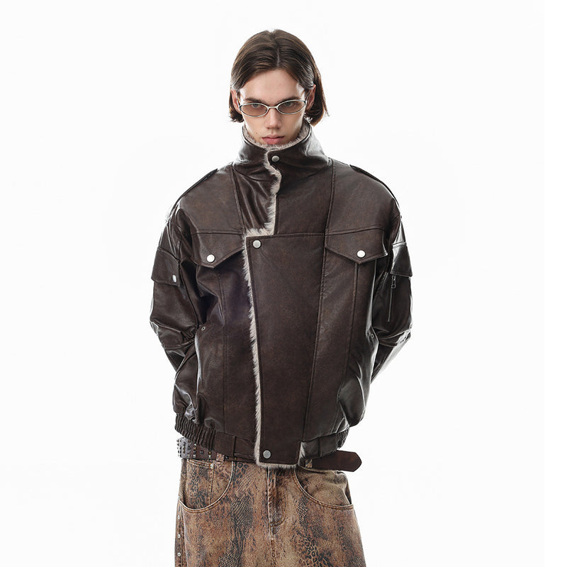 Men's Faux Leather Fur-Lined Bomber Jacket with High Collar & Asymmetric Placket