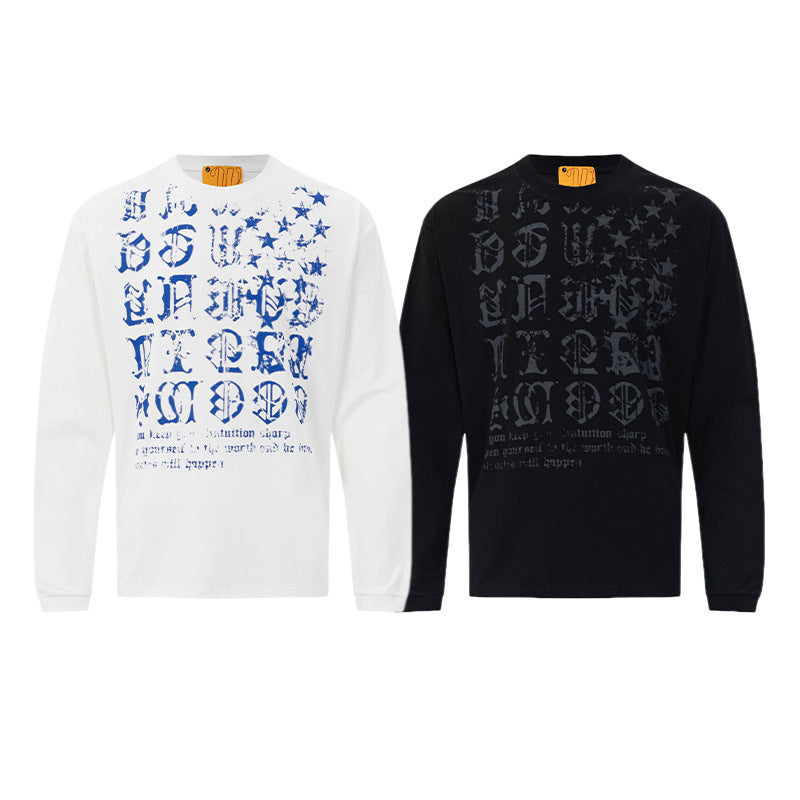 T-shirt manches longues à imprimé lettres gothiques – Col rond streetwear américain vintage