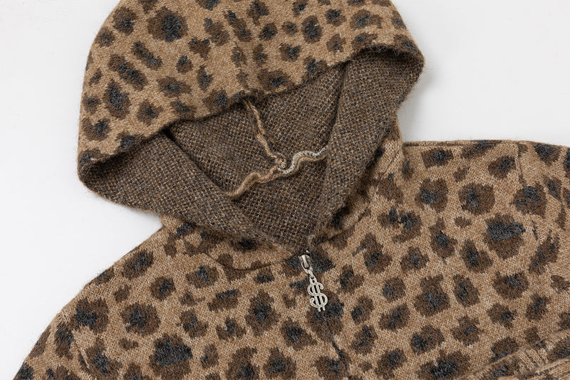 Leopard Print Knit Zip-Up Hoodie – Relaxed Fit Unisex Sweater Jacket