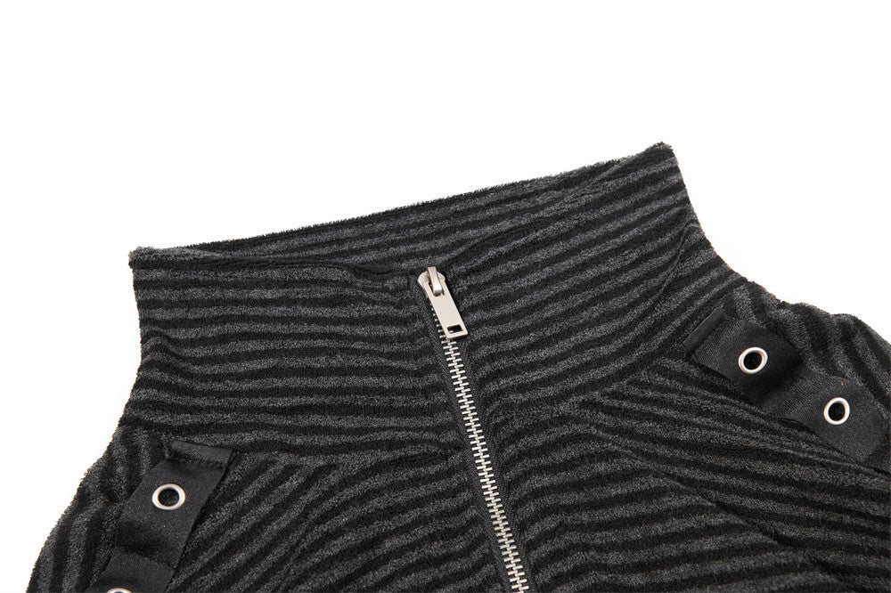 Chaqueta de rayas con cuello mao y cremallera para hombre, con detalles de ojales metálicos