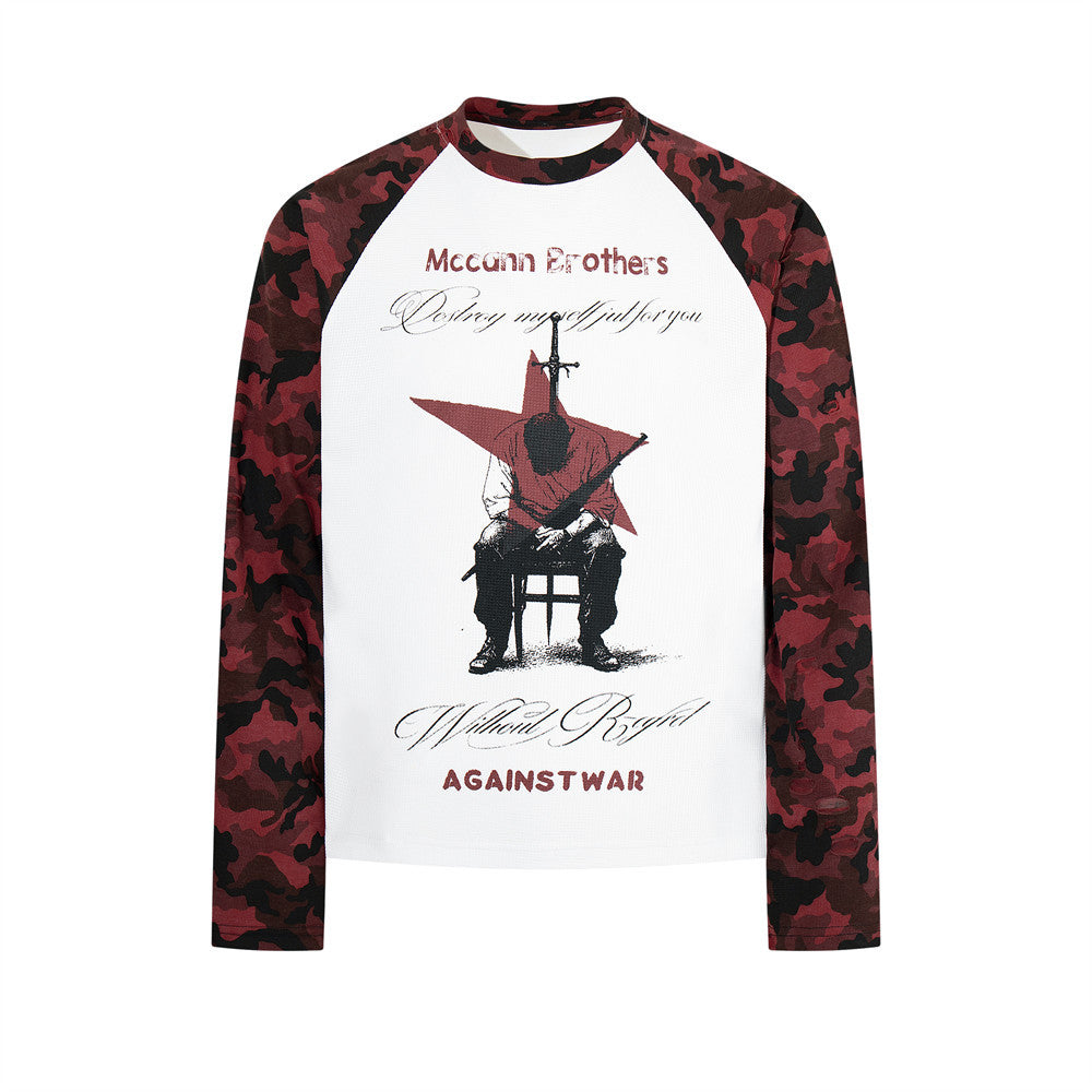 Men's white and red camo raglan long sleeve shirt with knight star graphic print on the front