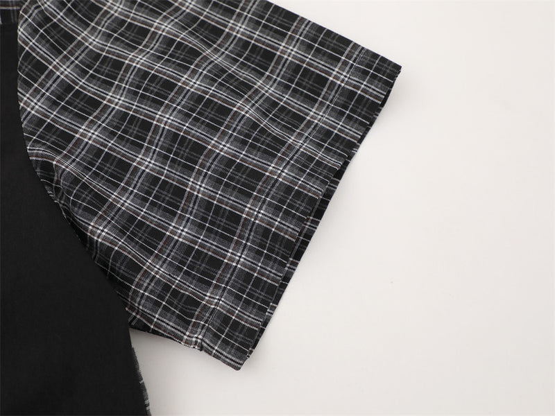 Don't Judge Me Graphic Patchwork Plaid Short Sleeve Shirt